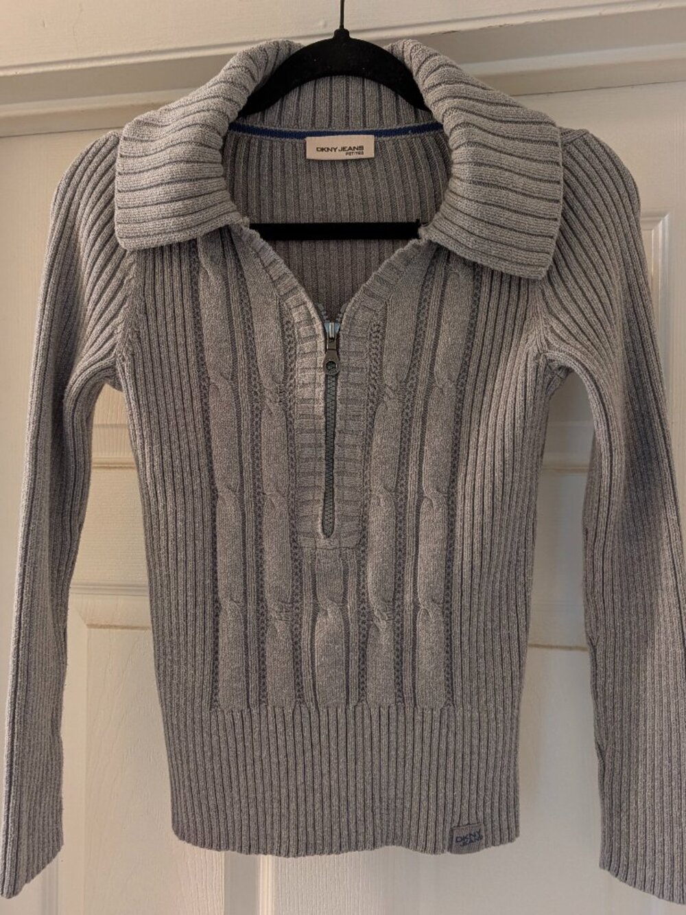 DKNY Jeans Petites Gray Cable Knit Quarter-Zip Collared Sweater Medium Petite MP